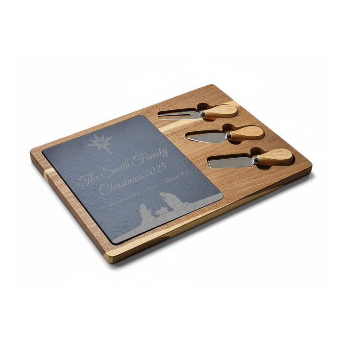 Nativity Scene Christmas Charcuterie Board | Custom Laser Engraved Wooden Board with Slate, Bible Quote & Family Name | Includes Utensils