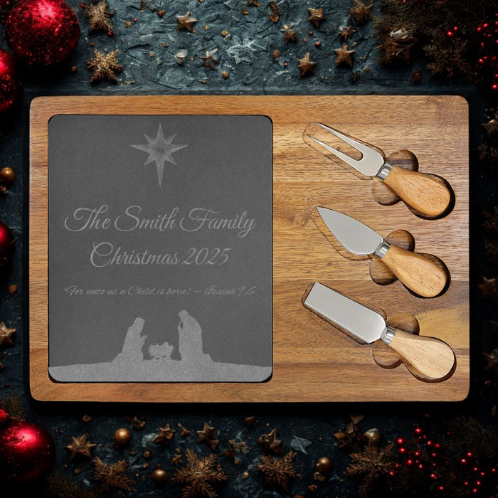 Nativity Scene Christmas Charcuterie Board | Custom Laser Engraved Wooden Board with Slate, Bible Quote & Family Name | Includes Utensils