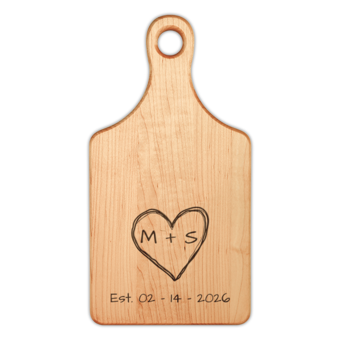 Engraved Heart with Custom Initials + Anniversary Date | Wooden Cutting Board | Personalized Kitchen Serving Cheese Board with Handle