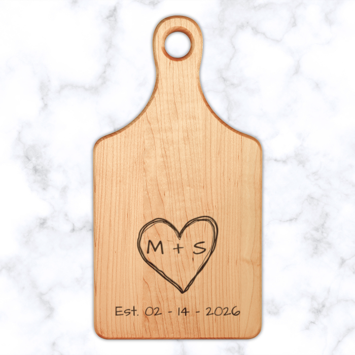 Engraved Heart with Custom Initials + Anniversary Date | Wooden Cutting Board | Personalized Kitchen Serving Cheese Board with Handle