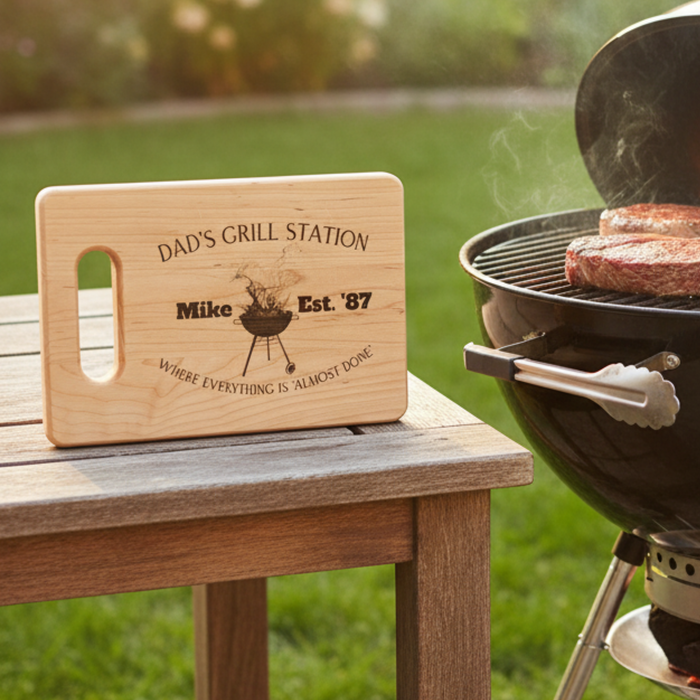 Dad's Grill Station Personalized Wooden Cutting Board | Laser Engraved Name | Custom Name and Year | Funny | Gift for Dad