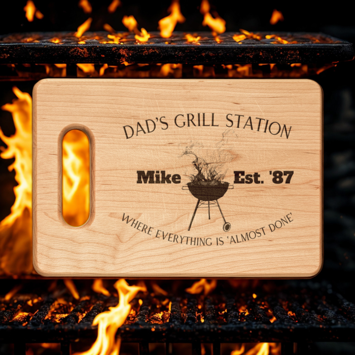Dad's Grill Station Personalized Wooden Cutting Board | Laser Engraved Name | Custom Name and Year | Funny | Gift for Dad