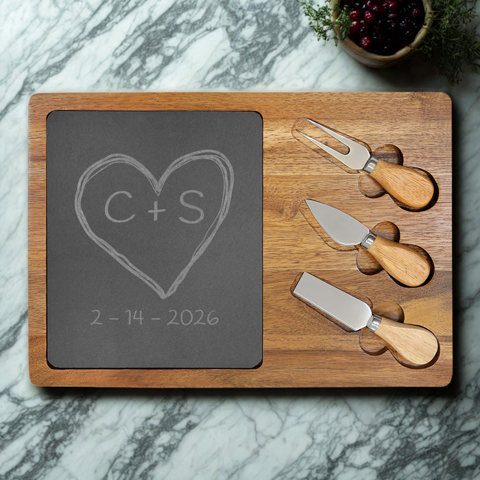 Engraved Heart with Personalized Initials and Anniversary Date | Wood and Slate Charcuterie Board | Valentines Day Gifts | Anniversary Gifts