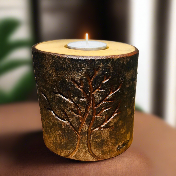 Tree Engraved Bark Log Candle Holder