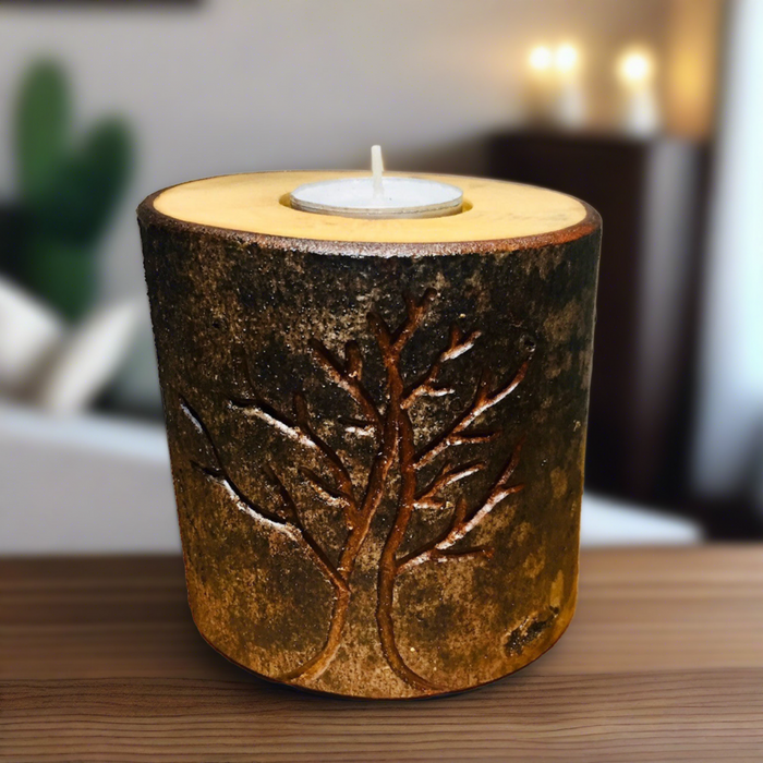 Tree Engraved Bark Log Candle Holder