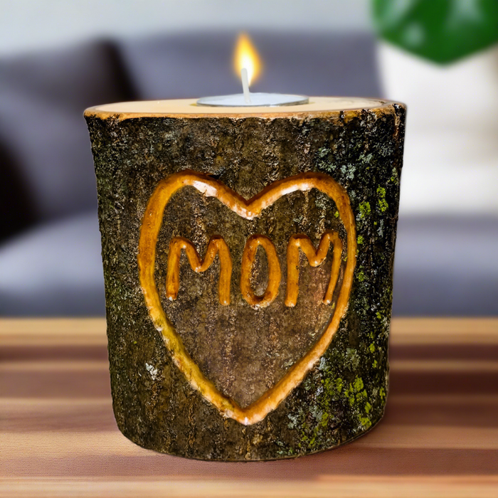 I Love Mom Carved Heart Wood Candle Holder