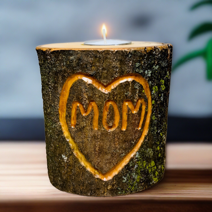 I Love Mom Carved Heart Wood Candle Holder