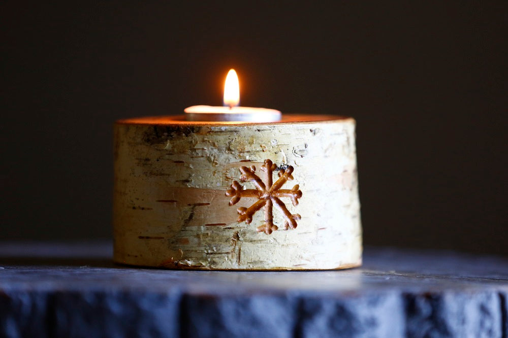 Birch Wood Log Snowflake Tealight Candle Holder Set