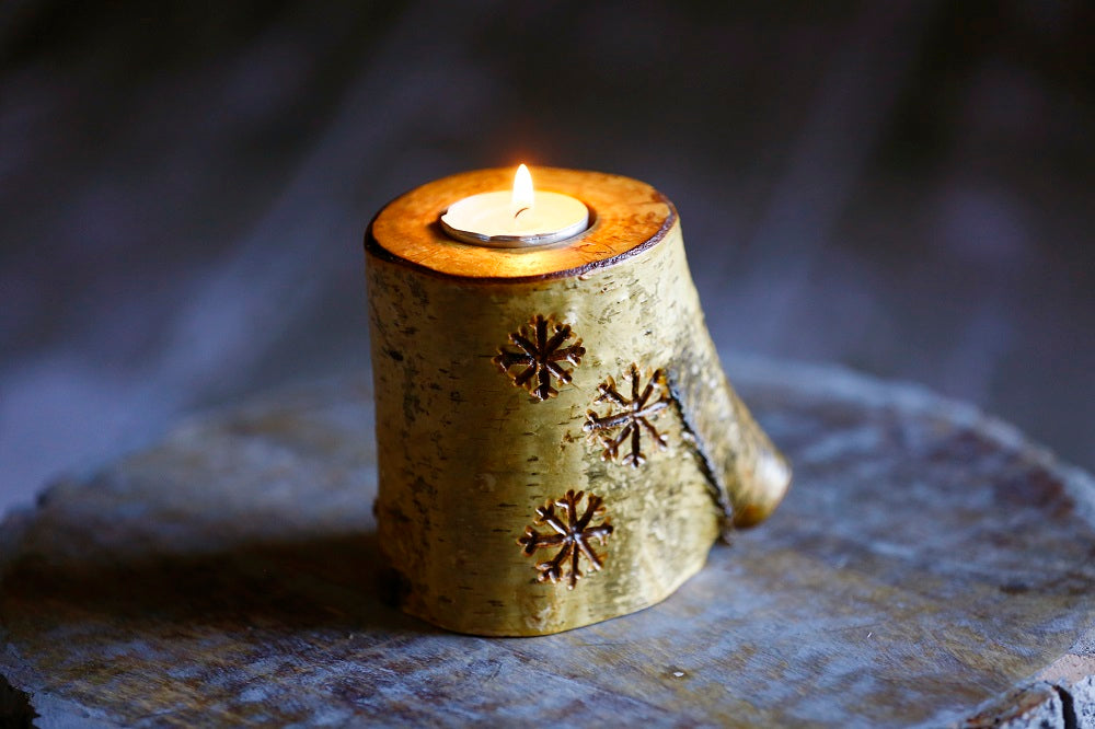 White Birch Wood Snowflake Candle Holders