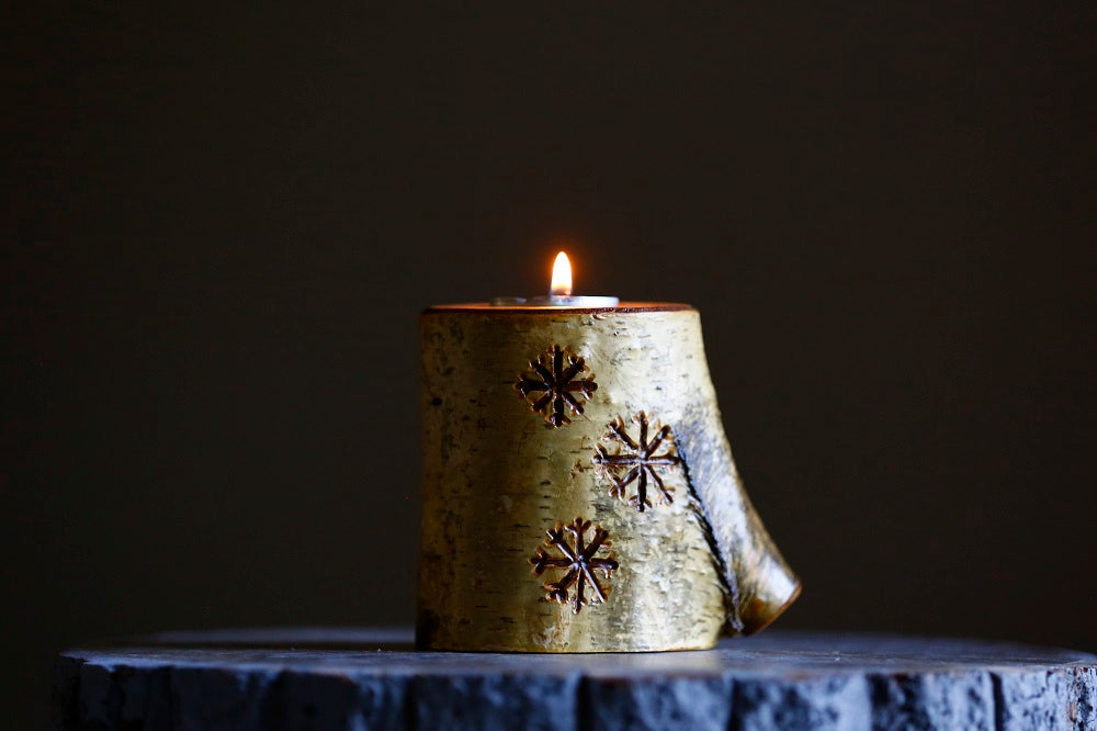 White Birch Wood Snowflake Candle Holders