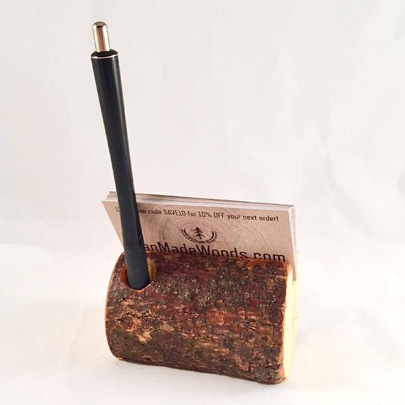 Real Tree Wood Business Card Holder & Pen Holder with Bark