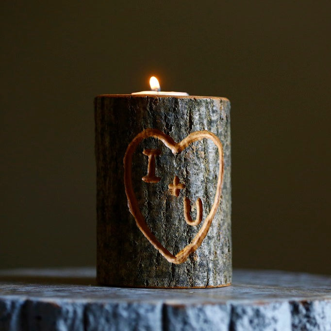 Custom Carved Initials Wood Heart Tealight or Votive Candle Holder | Personalize Any Initials Burned In Wood