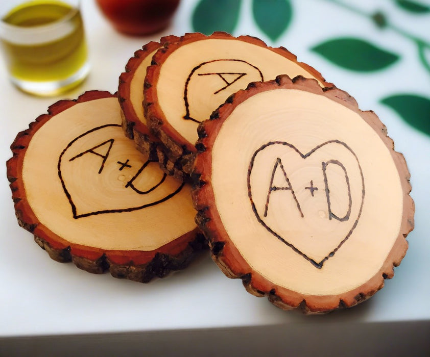 Heart Engraved Natural Wood Coasters