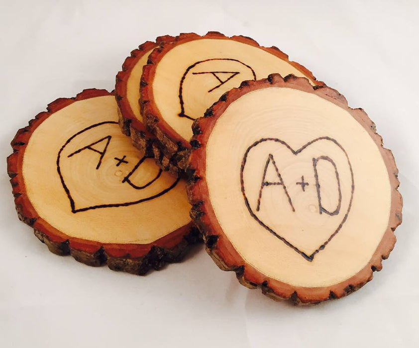 Heart Engraved Natural Wood Coasters