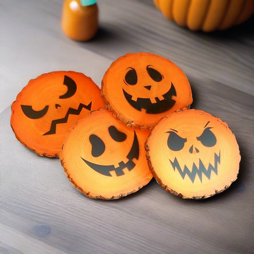 Spooky Pumpkin Tree Wood Drink Coasters