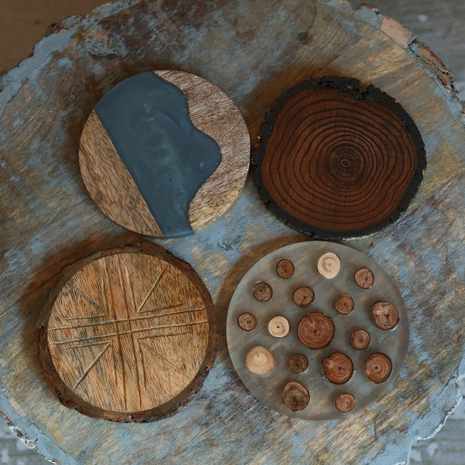 Variety Pack of Round Wood Coasters with Resin & Bark – Set of 4