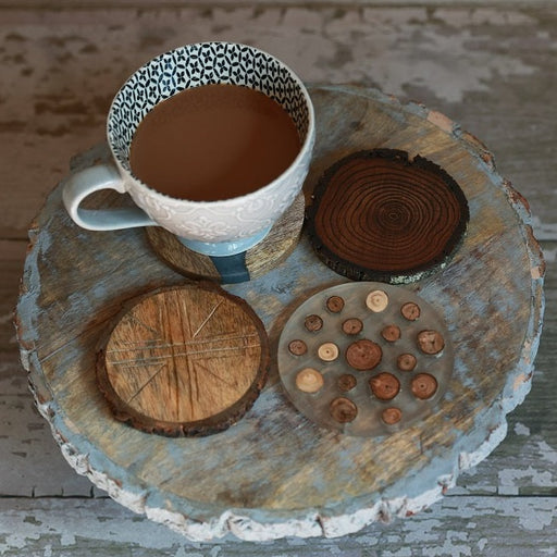 Variety Pack of Round Wood Coasters with Resin & Bark – Set of 4