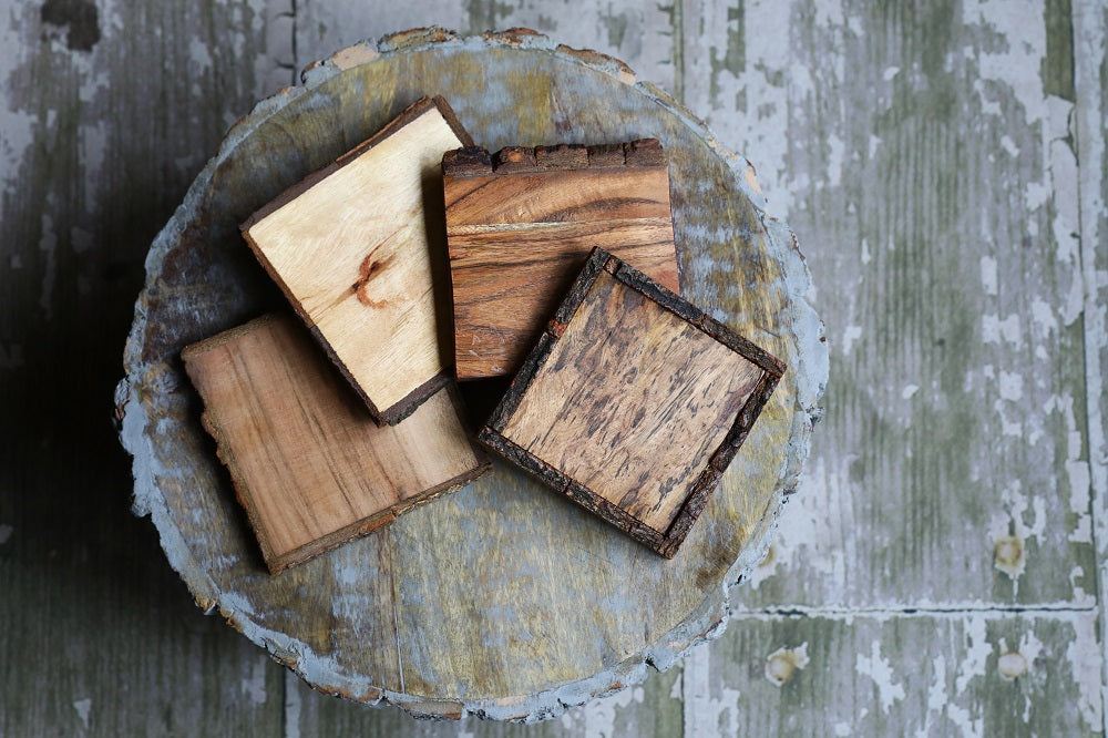 Variety Pack of Square Wood Coasters with Bark - Set of 4