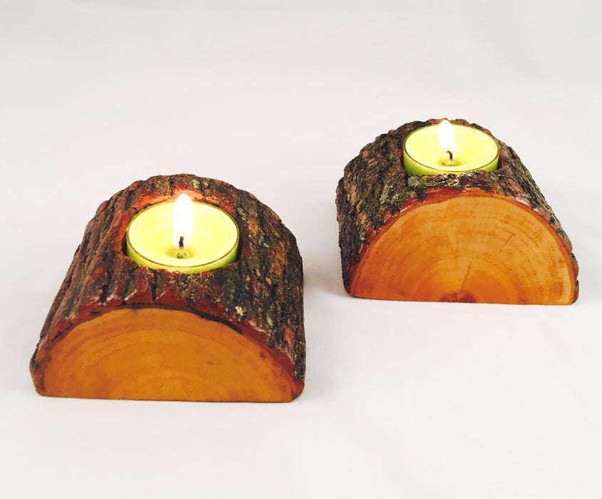 Half Log Wood Candle Holders