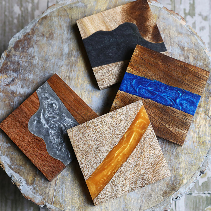 Variety Pack Acrylic Resin Swirl Wooden Coasters - Set of 4