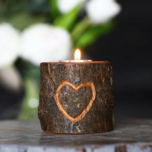 Hand Carved Heart Wood Tea Light Candle Holder, Live Edge Wood Bark Tealight, Rustic Style Home Decor, Unique Gift For Your Love