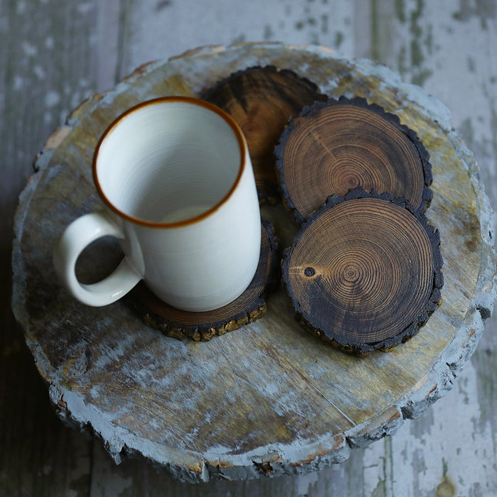 Natural Tree Wood Coasters with Bark & Dark Stain - Set of 4