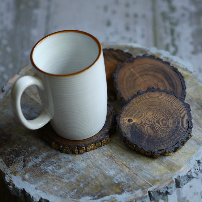 Natural Tree Wood Coasters with Bark & Dark Stain - Set of 4