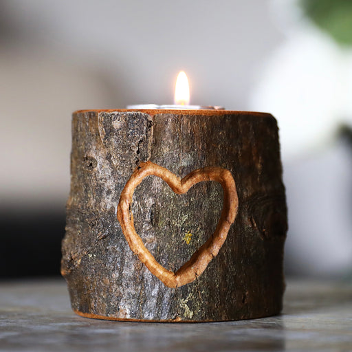 Hand Carved Heart Wood Tea Light Candle Holder, Live Edge Wood Bark Tealight, Rustic Style Home Decor, Unique Gift For Your Love