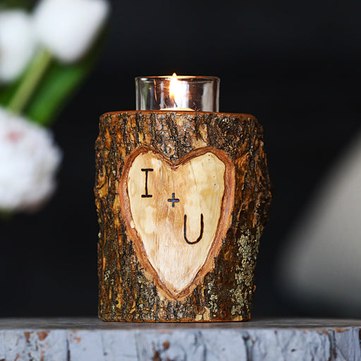 Custom Etched Initials Wood Heart Tealight or Votive Candle Holder | Personalize Your Initials Burned In Wood | 5th Wood Anniversary Gift