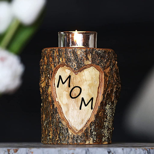 Mom Etched Heart Wood Tealight or Votive Candle Holder