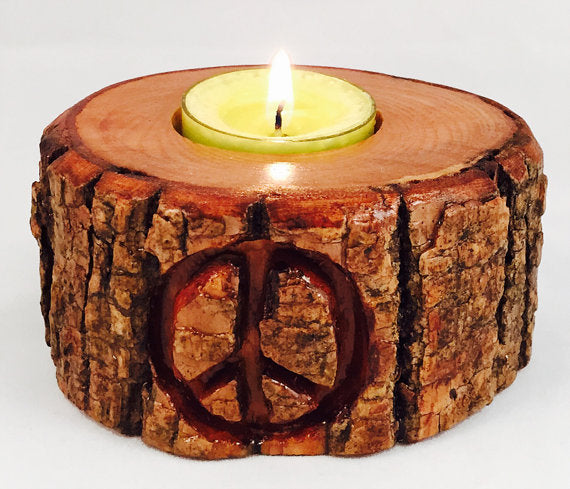 Peace Sign Hand Carved Wood TeaLight Candle Holder
